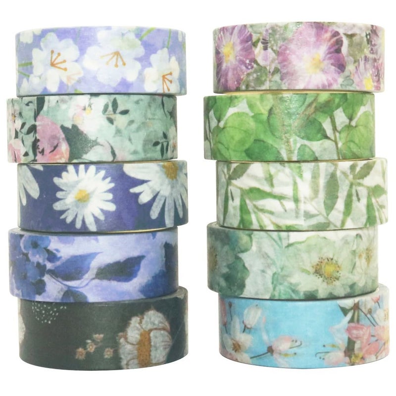YUBBAEX 10 Rolls Spring Flowers Washi Tape Set Masking Decorative Tapes (Cold Tone) - Image 1